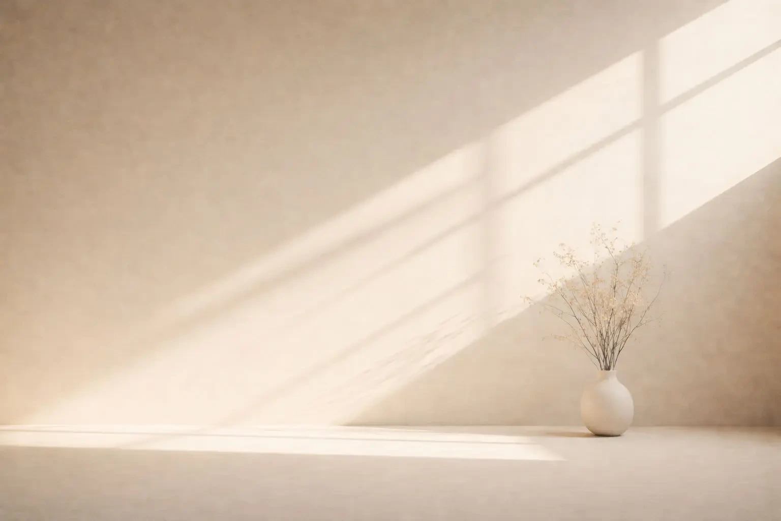 Sunlit minimalist beige interior with a ceramic vase